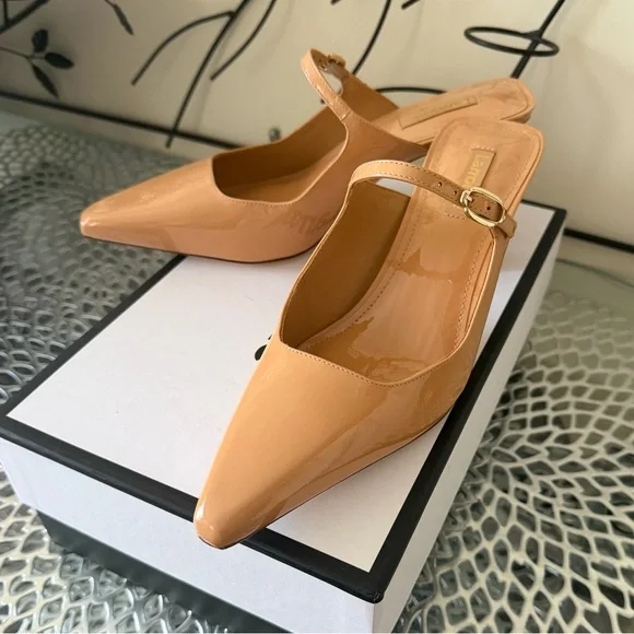 Larroude Ines Pointed Toe High Heel Patent Leather Mules in Tan Size 8 NIB - Picture 4 of 11